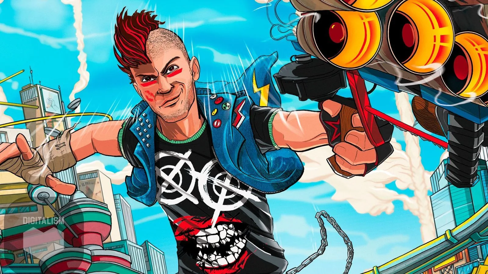 تصویر هنری شخصیت پانک بازی Sunset Overdrive در حال شلیک با سلاحی بزرگ میان شهر رنگارنگ