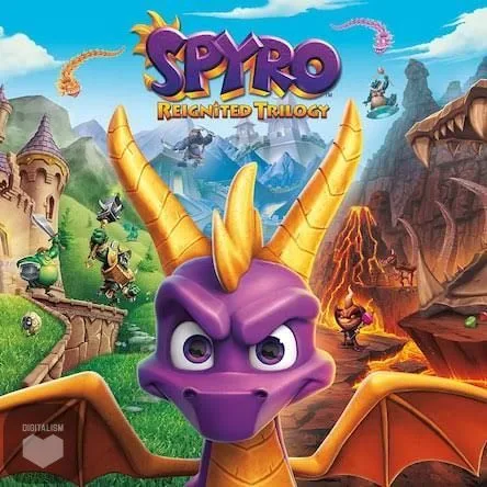 کاور بازی Spyro Reignited Trilogy با نمای نزدیک اژدهای بنفش اسپایرو و پس‌زمینه‌ای از مراحل بازی
