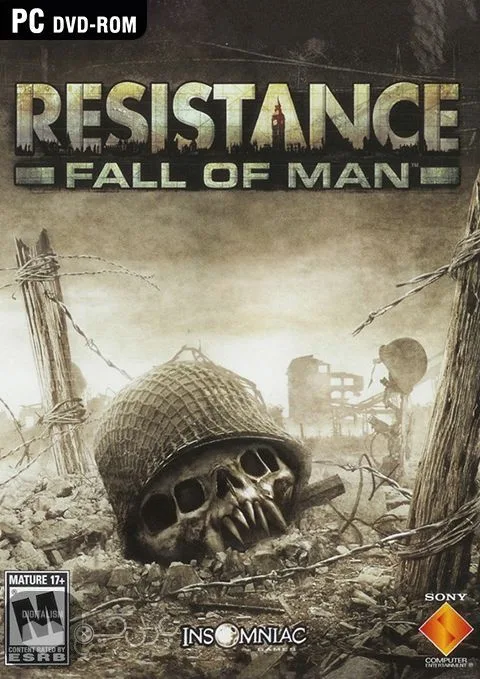 کاور بازی Resistance: Fall of Man با جمجمه سرباز در میان سیم خاردار و لوگوی اینسامنیاک و سونی