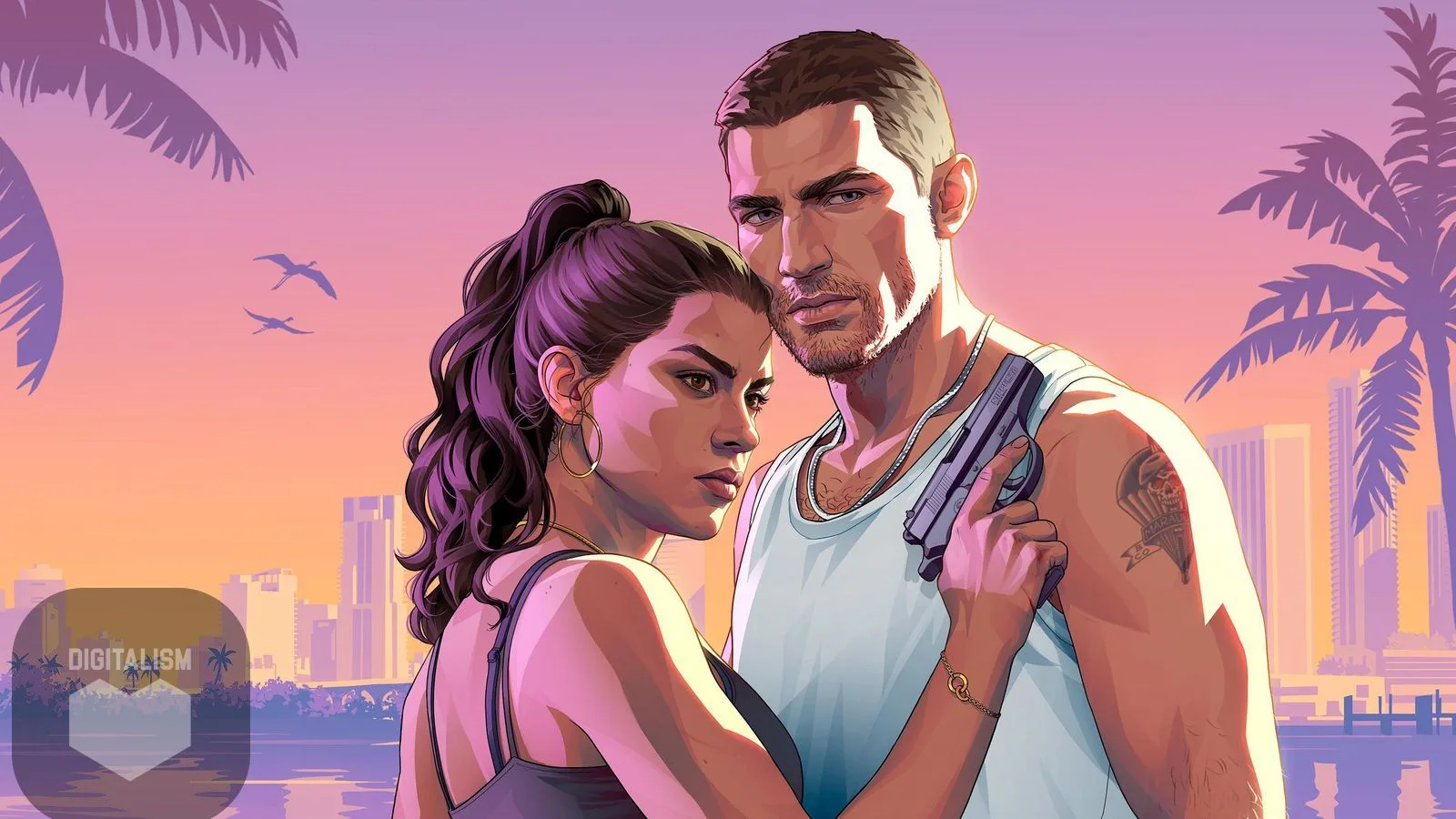 تصویر هنری زوج شخصیت‌مانند GTA 6 با اسلحه در پس‌زمینه شهر ساحلی و نخل‌ها هنگام غروب