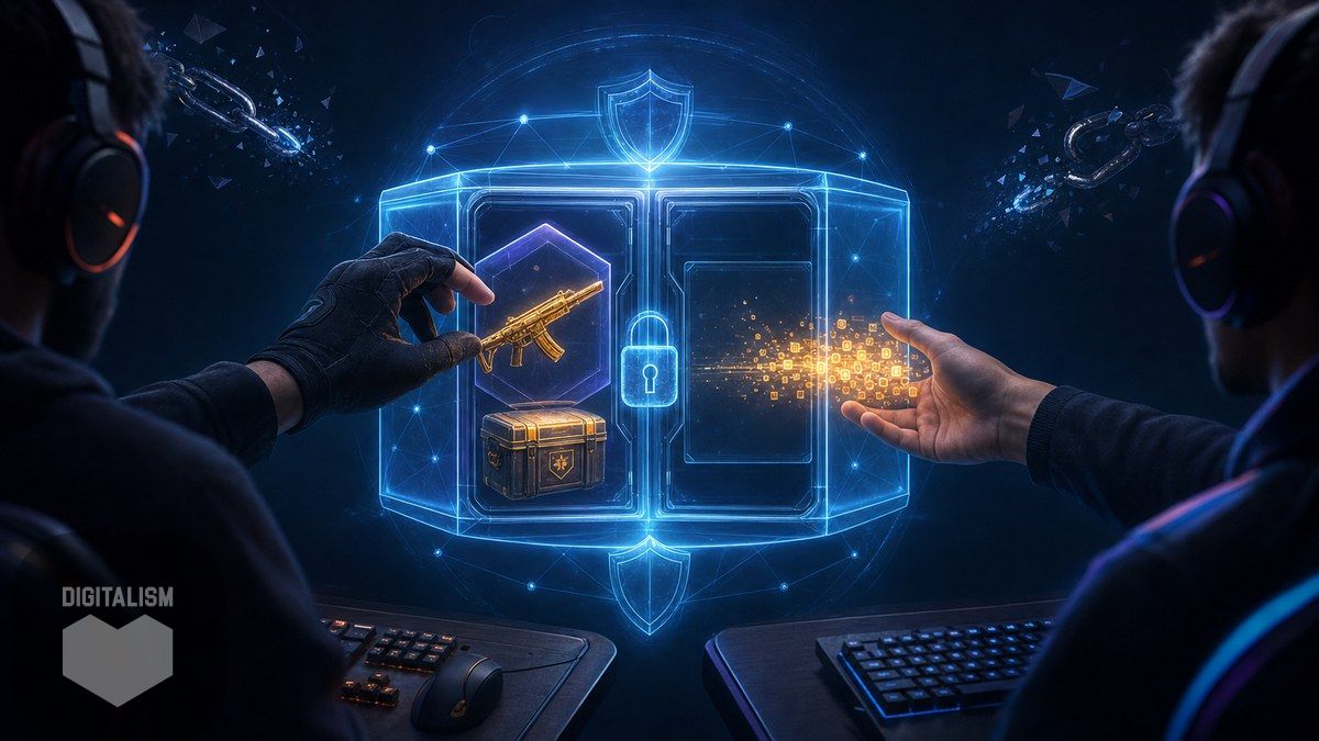 دو گیمر در حال معامله امن اسکین اسلحه و آیتم بازی در محفظه دیجیتال قفل‌دار