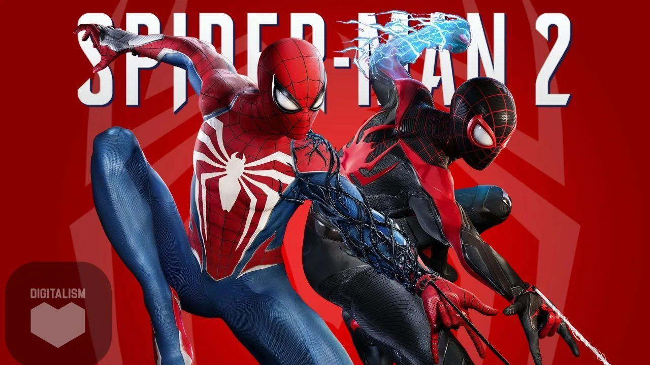 اسپایدرمن پیتر پارکر و مایلز مورالز روی پوستر قرمز بازی Marvel’s Spider-Man 2