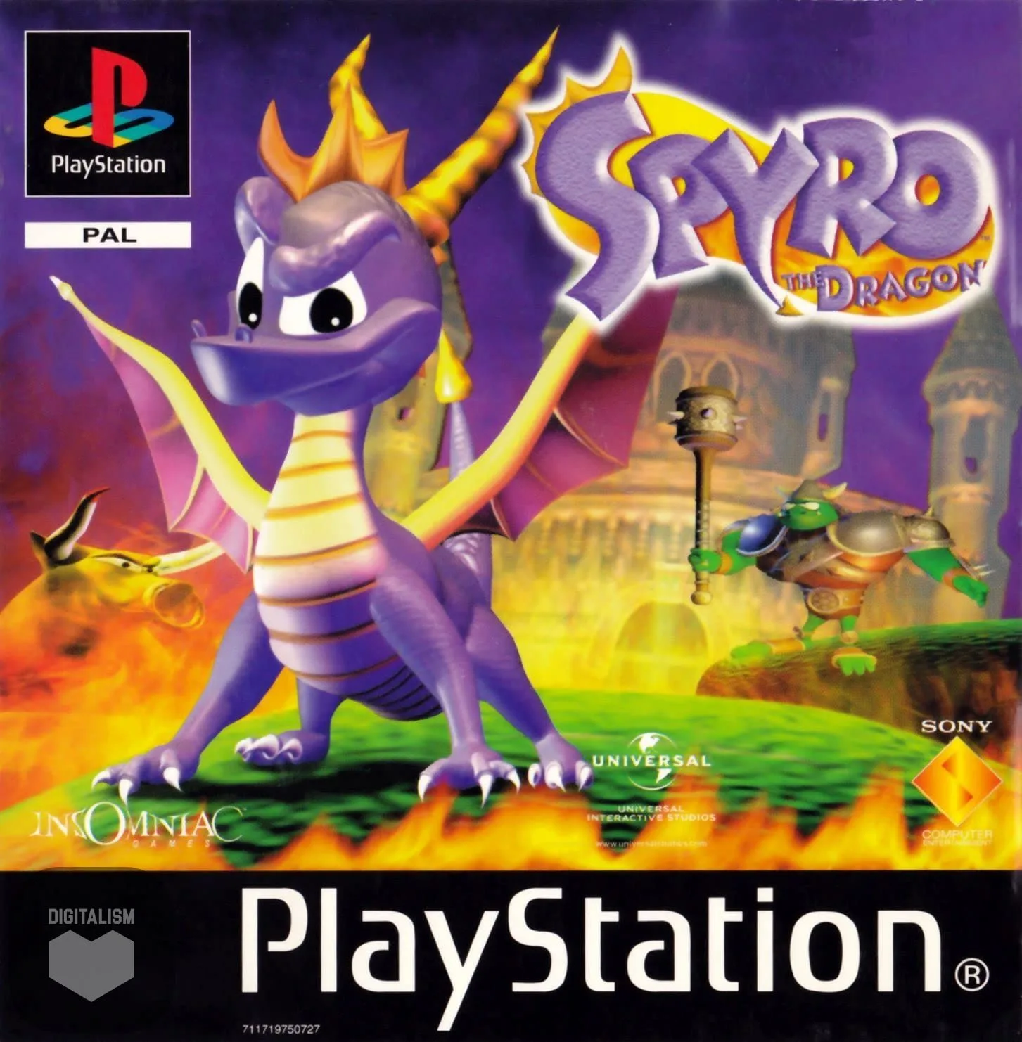 جلد نسخه پلی‌استیشن بازی Spyro the Dragon با اژدهای بنفش اسپایرو و شخصیت دشمن در پس‌زمینه
