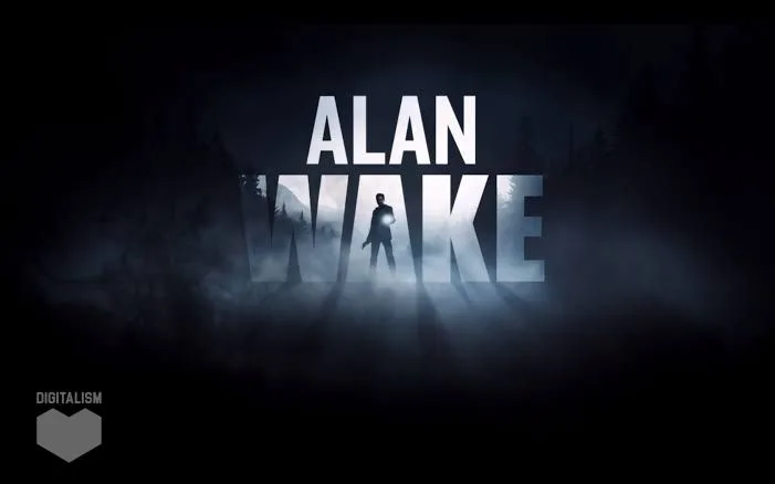 لوگوی Alan Wake با سایه مردی چراغ‌به‌دست میان حروف و مه آبی تیره