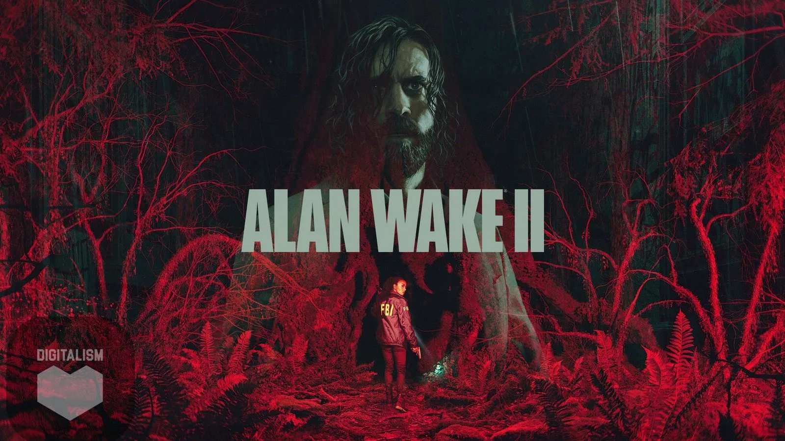 پوستر Alan Wake 2 با چهره آلن ویک و ساگا اندرسون با لباس FBI در جنگلی تاریک و سرخ
