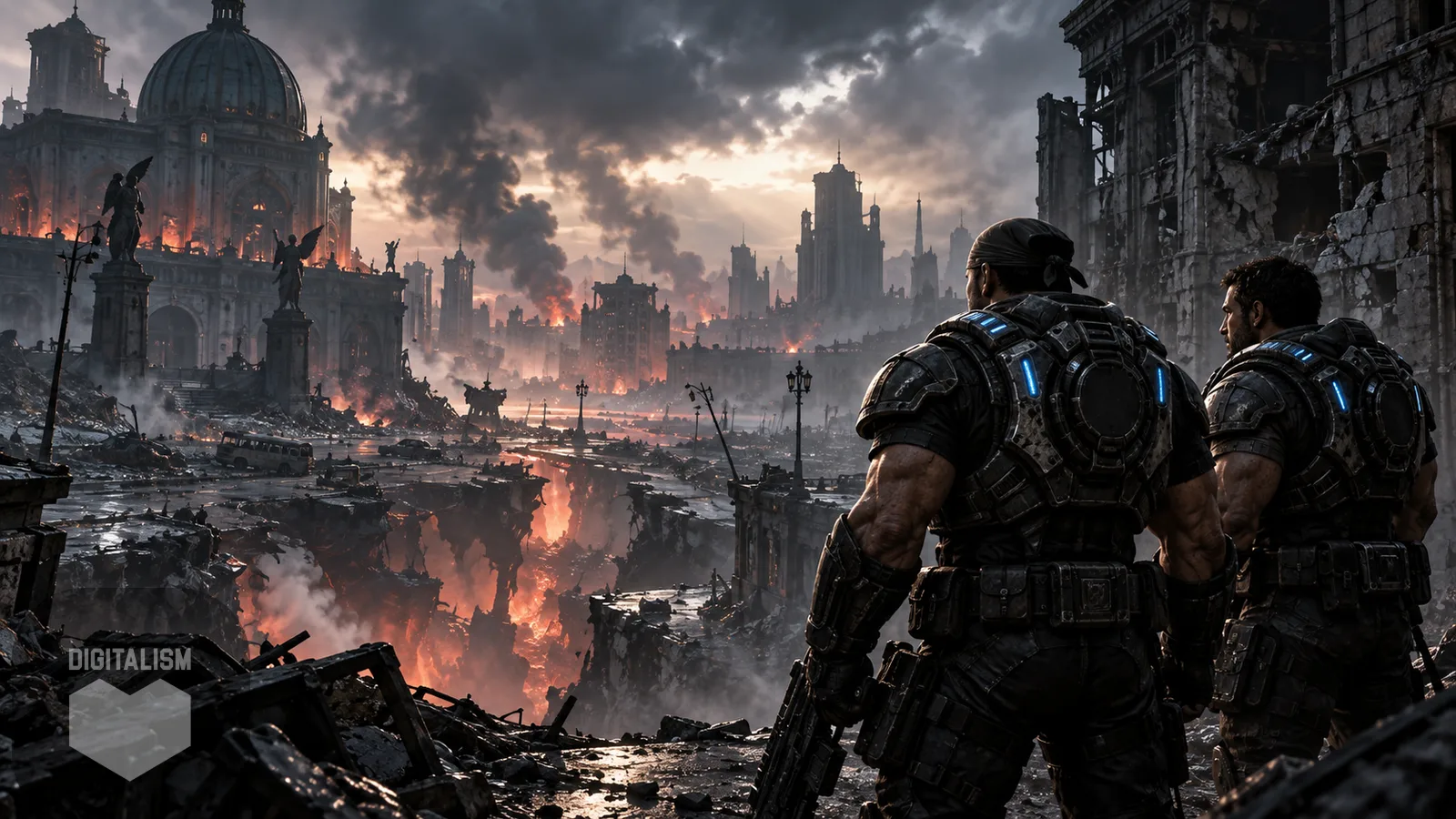 دو سرباز زرهپوش در Gears of War: E-Day به شهری ویران و شعلهور زیر آسمانی دودآلود نگاه میکنند